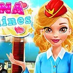 En tecknad flygvärdinna i blå uniform står framför ett flygplan med titeln Nina Airlines i färgglad text ovanför