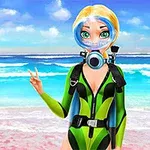 Tecknad blond kvinna i en grön och svart dykardräkt står på en strand med havet i bakgrunden