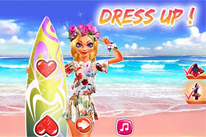 Kvinna med blommigt klädd, håller en surfbräda vid stranden under en klarblå himmel, med texten DRESS UP!