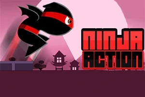 En tecknad ninja i rörelse med texten Ninja Action mot en stiliserad bakgrund med silhuetter av asiatiska byggnader och en stor måne