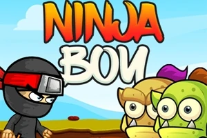 Tecknad ninja i svart dräkt står mot två fantasifigurer med texten Ninja Boy ovanför på en blå bakgrund
