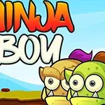 Tecknad ninja i svart dräkt står mot två fantasifigurer med texten Ninja Boy ovanför på en blå bakgrund
