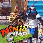 Fyra karaktärer klädda i olika färgglada kostymer poserar med vapen framför en trappa, med titeln Ninja Clash Heroes i förgrunden
