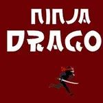 Texten Ninja Dragon i vita bokstäver på röd bakgrund med en svartklädd ninja som springer nedanför