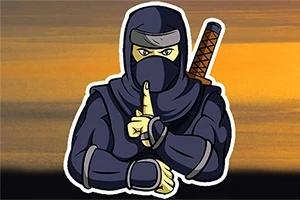 Tecknad ninja i mörk dräkt som håller fingret framför munnen mot en solnedgångsbakgrund