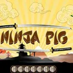 Tecknat landskap med en lila gris och grön bläckfisk på varsin sida av titeln Ninja Pig med två svärd och klara himmelsfärger i bakgrunden