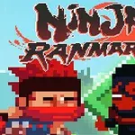 Två pixelgrafikfigurer, en rödklädd ninja och en maskerad figur, med texten Ninja Ranmaru ovanför dem