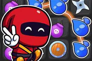 Röd tecknad ninja i förgrunden gör peace-tecken, i bakgrunden blå droppformade objekt, grå kaststjärnor och lila bomber