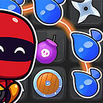 Röd tecknad ninja i förgrunden gör peace-tecken, i bakgrunden blå droppformade objekt, grå kaststjärnor och lila bomber