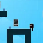En enkel svart figur på en plattform i ett blått, minimalistiskt rum med fönster och block