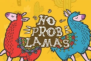 Två tecknade lamor, en röd och en blå, med texten No Prob Lamas på en gul bakgrund