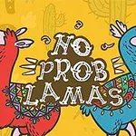 Två tecknade lamor, en röd och en blå, med texten No Prob Lamas på en gul bakgrund