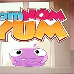 Färgglad tecknad karaktär under texten nom nom yum med en bakgrund som liknar ett fönster