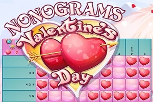 Ett rutnät med hjärtformade ikoner och text som säger Nonograms Valentines Day med två röda hjärtan genomborrade av en pil
