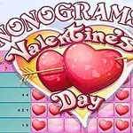 Ett rutnät med hjärtformade ikoner och text som säger Nonograms Valentines Day med två röda hjärtan genomborrade av en pil