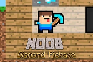 En pixlad figur med blå tröja håller en blå hacka, med texten NOOB och Diamond Pickaxe under