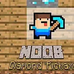 En pixlad figur med blå tröja håller en blå hacka, med texten NOOB och Diamond Pickaxe under
