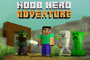 Karaktärer i blockig stil står framför en stenmur och en trästruktur, med texten Noob Hero Adventure ovanför dem