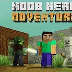 Karaktärer i blockig stil står framför en stenmur och en trästruktur, med texten Noob Hero Adventure ovanför dem