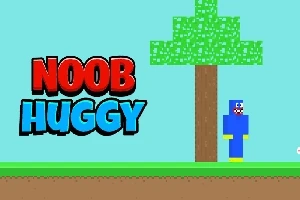 En pixelgrafikbild med texten Noob Huggy, som visar en blå figur bredvid ett träd på en grön gräsplätt