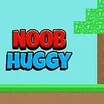 En pixelgrafikbild med texten Noob Huggy, som visar en blå figur bredvid ett träd på en grön gräsplätt