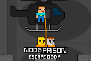 Pixelgrafik med en helikopter och en figur som firas ner med rep ovanför texten Noob Prison Escapeology