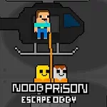 Pixelgrafik med en helikopter och en figur som firas ner med rep ovanför texten Noob Prison Escapeology