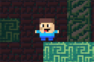 Pixelerad figur i blått på svarta och gröna block
