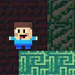 Pixelerad figur i blått på svarta och gröna block
