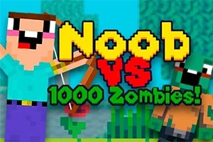 En pixlad tecknad figur med båge står bredvid en zombie, med texten Noob VS 1000 Zombies!