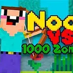 En pixlad tecknad figur med båge står bredvid en zombie, med texten Noob VS 1000 Zombies!