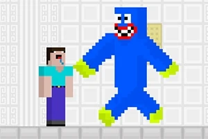 En pixelgrafikbild visar en blockig karaktär i blått och gult möta en annan blockig figur i blå tröja och lila byxor mot en bakgrund av vita kvadrater