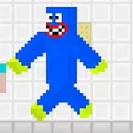 En pixelgrafikbild visar en blockig karaktär i blått och gult möta en annan blockig figur i blå tröja och lila byxor mot en bakgrund av vita kvadrater