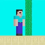 En pixelkonstfigur i blå skjorta och blå byxor står bredvid en grön kaktus mot en ljusblå bakgrund