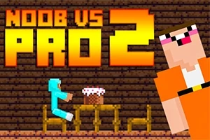 Pixelgrafik med texten Noob vs Pro 2, en figur i blå dräkt vid ett bord och en annan figur i orange til höger