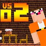 Pixelgrafik med texten Noob vs Pro 2, en figur i blå dräkt vid ett bord och en annan figur i orange til höger