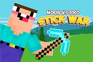 En glad pixelkaraktär i blå skjorta håller en blå hacka framför en grönskande bakgrund med texten Noob vs Pro Stick War