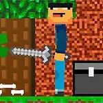 Pixelkonstbild av en grön figur med ett svärd mot en annan figur framför ett träd och en skattkista