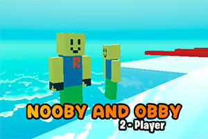 Två fyrkantiga karaktärer med gröna byxor och blå tröjor står på en plattform över vatten med texten Nooby and Obby 2-Player nedanför