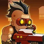 Tecknad karaktär med mohawk och skyddsglasögon som skjuter ett ljusstråle från ett stort gevär mot en industriell bakgrund