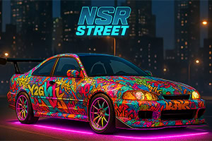 Sportbil med färgglad graffiti-design och rosa neonljus, omgiven av en stadssilhuett på natten, med NSR Street text ovanför