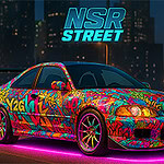 Sportbil med färgglad graffiti-design och rosa neonljus, omgiven av en stadssilhuett på natten, med NSR Street text ovanför