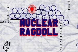 Handritad stil med blå cirklar, rutor och en röd målcirkel på ett skrynkligt papper samt texten Nuclear Ragdoll