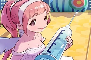 Animerad karaktär med rosa hår och vingar håller en stor spruta