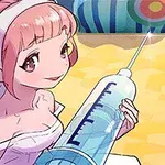 Animerad karaktär med rosa hår och vingar håller en stor spruta