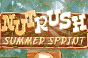 En tecknad träskylt med texten Nut Rush Summer Sprint dekorerad med blad