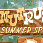En tecknad träskylt med texten Nut Rush Summer Sprint dekorerad med blad