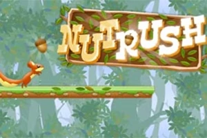 En tecknad ekorre springer på en plattform i skogen med texten Nut Rush ovanför