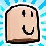 Tecknad bild av ett enkelt leende ansikte på en beige blockliknande figur med en blå-och-vit strålande bakgrund