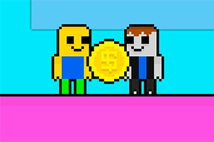 Två pixelart-karaktärer med fyrkantiga huvuden, en gul och en grå, håller i ett stort guldmynt med en dollartecken på en färgglad bakgrund